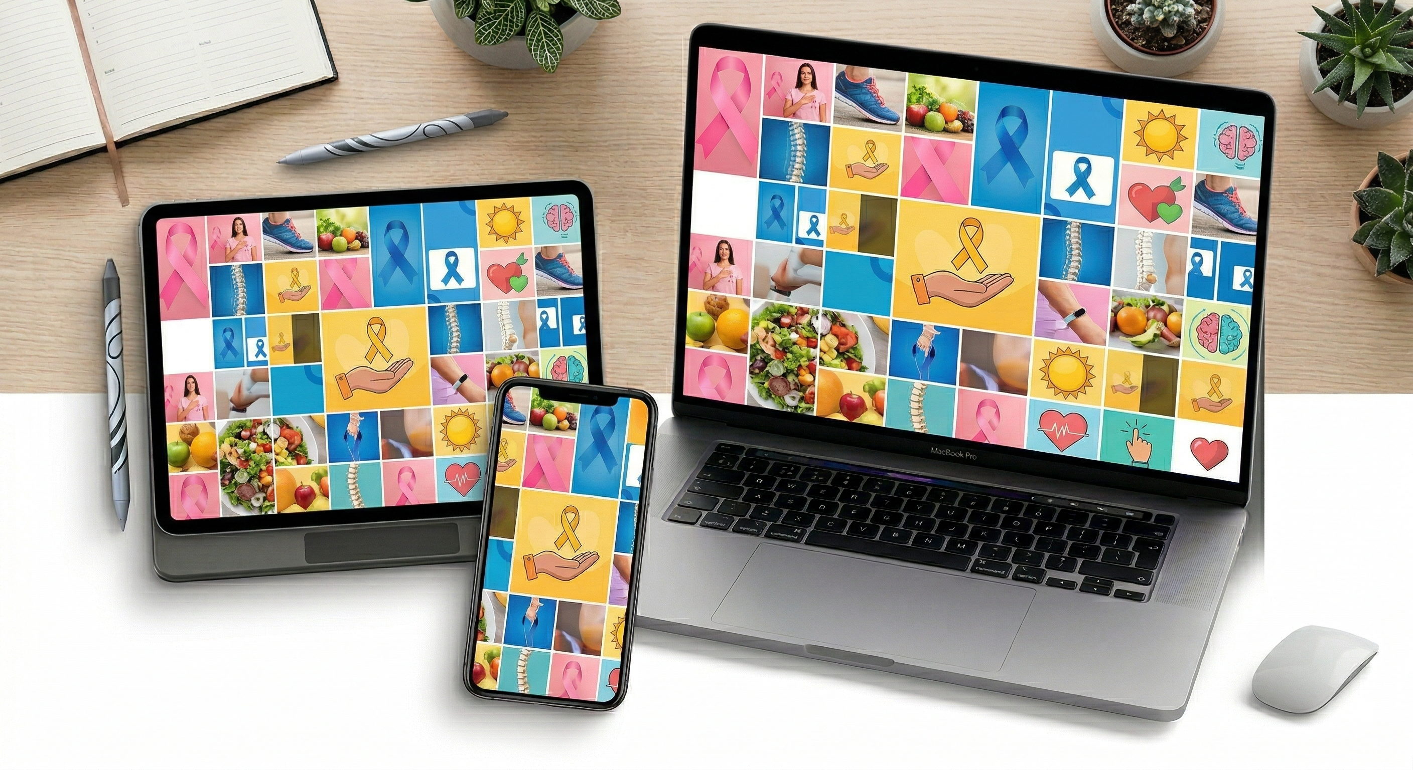 Mockup do Pack Saúde em Pauta em telas e celulares